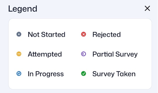 The i360 map legend: Not Started, Attempted, In Progress, Rejected, Partial Survey, Survey Taken
