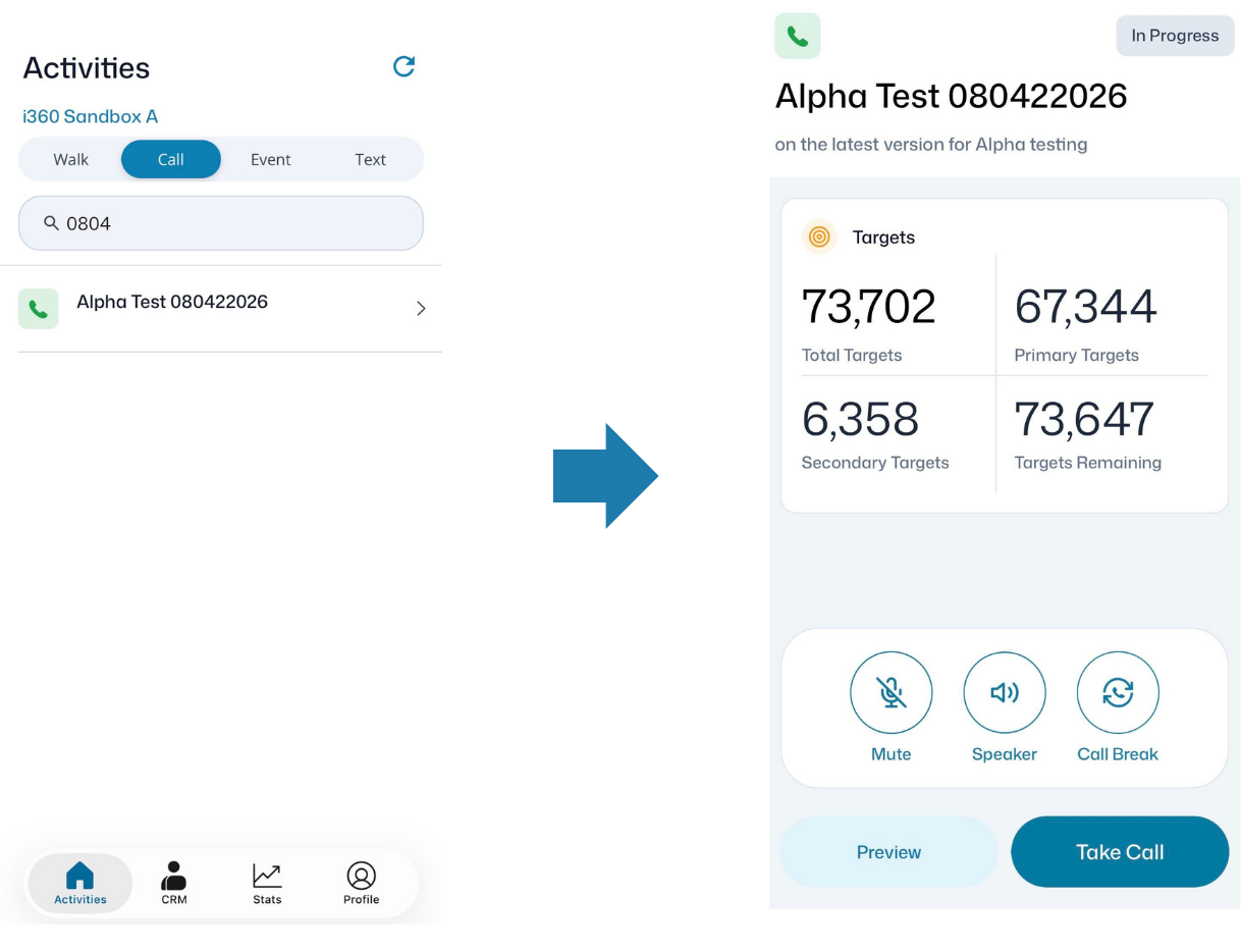 The Call tab on Activities, then a call survey with Preview and Take Call buttons