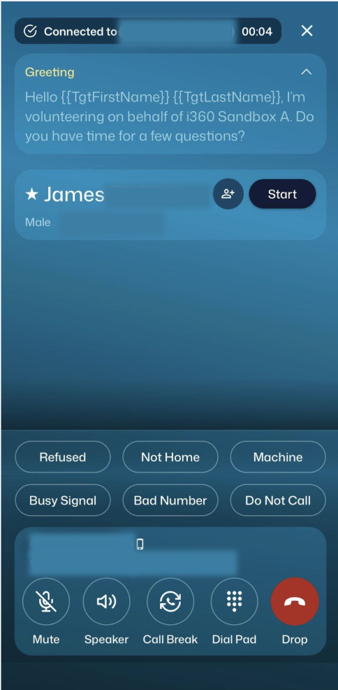 A connected call showing the greeting, the starred voter, and the Start button